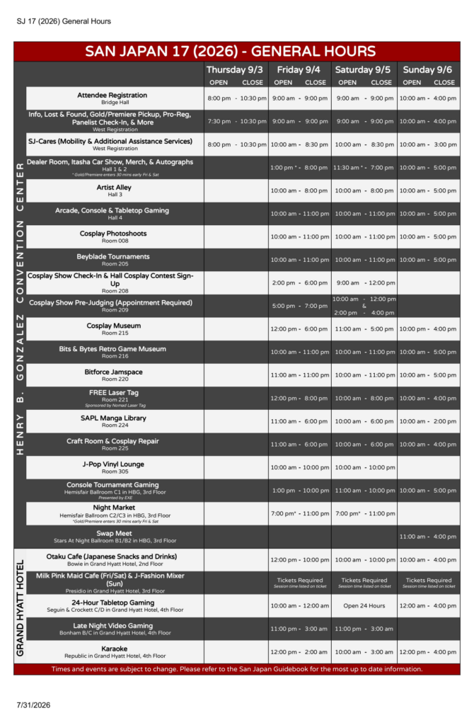 San Japan 17 / 2026 General Hours